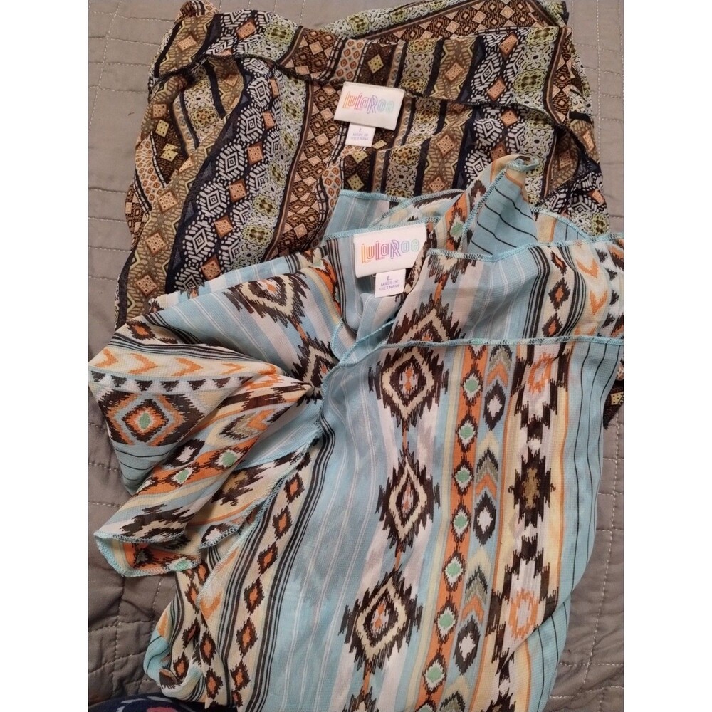 2-LuLaRoe Women’s L Multicolor Aztec Geometric Ruffle Front Open Kimono Top